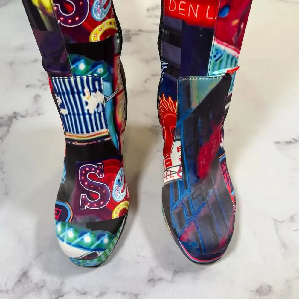 Dolls Kill Current Mood Midnight City Print Thigh High Platform Boots 8 - Picture 8 of 10
